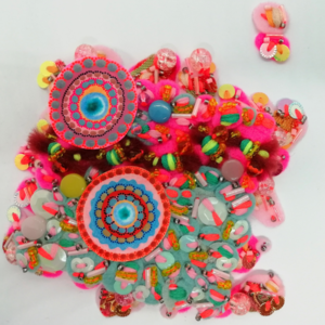 Hot Pink and Blue Abstract Fabric Art - Framed Textile Picture