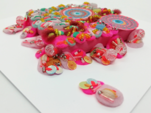 Hot Pink and Blue Abstract Fabric Art - Framed Textile Picture