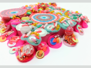 Hot Pink and Blue Abstract Fabric Art - Framed Textile Picture