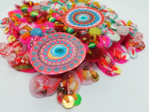 Hot Pink and Blue Abstract Fabric Art - Framed Textile Picture