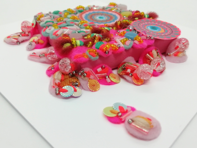 Hot Pink and Blue Abstract Fabric Art - Framed Textile Picture