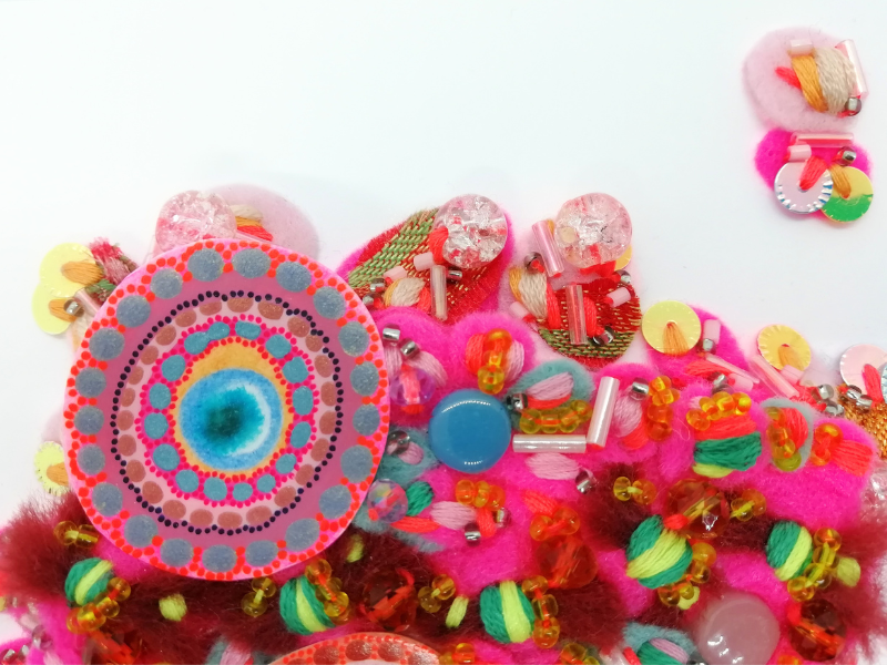 Hot Pink and Blue Abstract Fabric Art - Framed Textile Picture