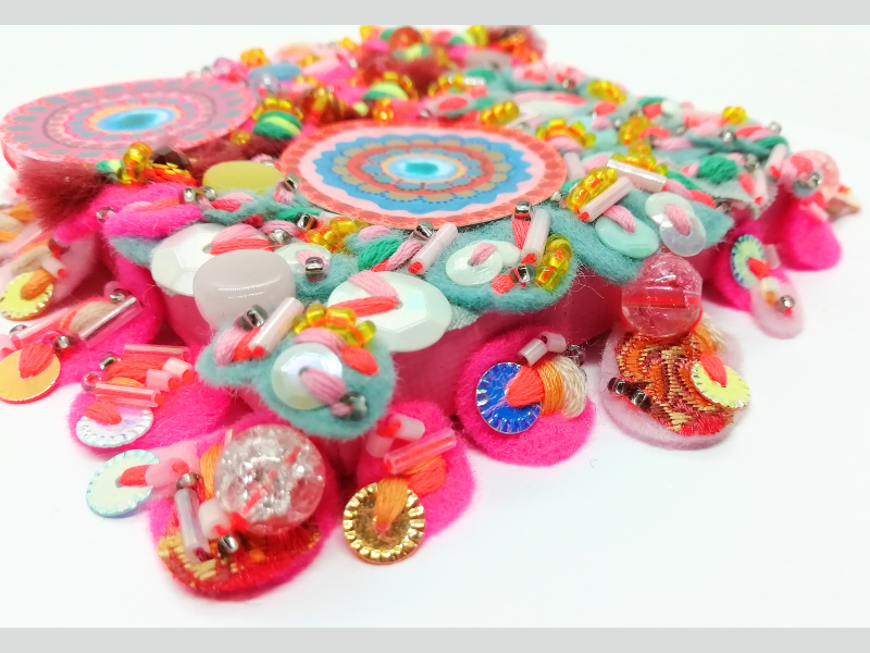 Hot Pink and Blue Abstract Fabric Art - Framed Textile Picture