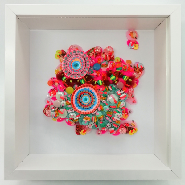 Hot Pink and Blue Abstract Fabric Art - Framed Textile Picture